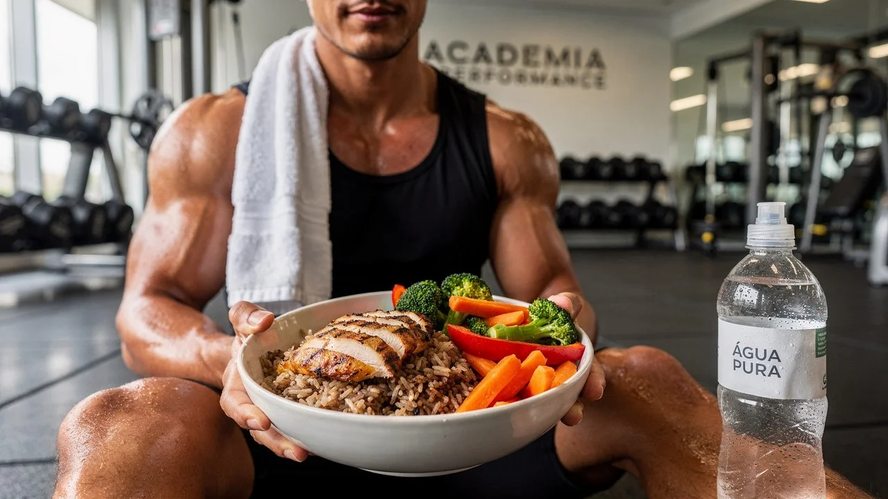 Homem musculoso com refeição saudável na academia